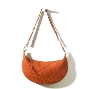 Anthropologie Crescent Brown Leather Woven Sling Bag Purse